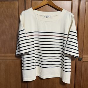 L.L.Bean Signature Women’s Striped Cotton Boatneck Boxy-Crop Shirt XL Cream Navy